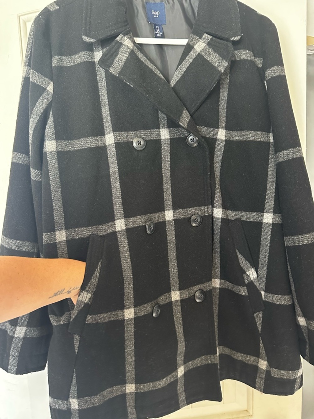 GAP Windowpane Plaid Wool Blend Double Breasted Peacoat Black Grey XL - Picture 2 of 6